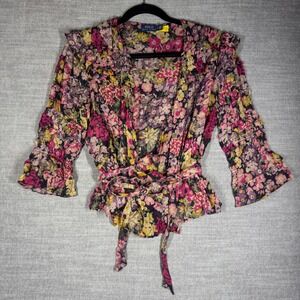 Polo Ralph Lauren Floral Wrap Peplum Blouse Smocked Ruffle Small Petite $298